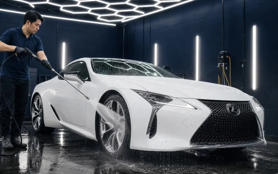高圧洗浄機で車の表面をすすぐスタッフ